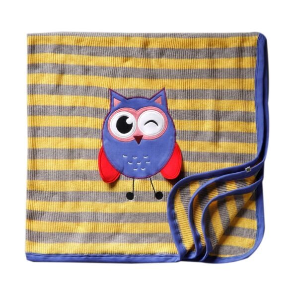 Unisex  Embroidered 100%Organic Cotton stripes Owl Graphic warm Baby Blanket-Grey and Yellow - Image 1