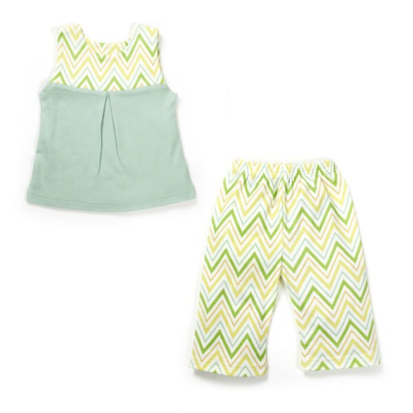 Girls Printed 100%Organic Cotton Festive Summer Sleeveless Top with Palazzo set-Light Green and Yellow - Image 1
