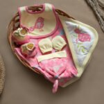 Unisex Printed 100%Organic Cotton Newborn baby Gift Set with Bird print Pack of 5-Pink and yellow