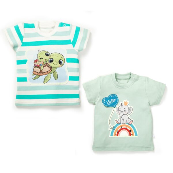 Boys Green T-Shirt Combo Pack of 2 with Elephant & Turtle printed patch - Image 1