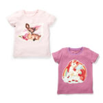 Girls Printed 100%Organic Cotton Unicorn Deer Graphics Round Neck Tee pack of 2-Purple and Light Pink