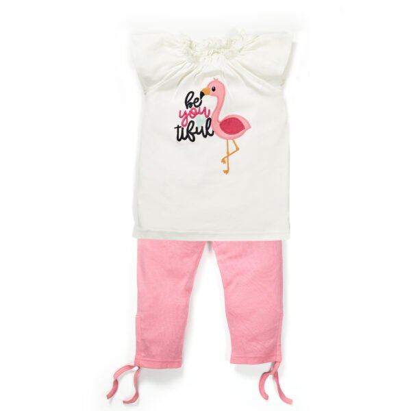 Girls Graphic Printed 100%Organic Cotton long Top With Leggings Set- White - Image 1
