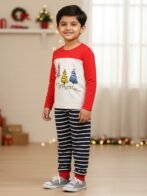 Pranava 100% Organic Cotton Unisex Full Sleeve Xmas Printed T-shirt and Stripe Pant Set - Red & Navy