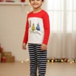 Pranava 100% Organic Cotton Unisex Full Sleeve Xmas Printed T-shirt and Stripe Pant Set - Red & Navy