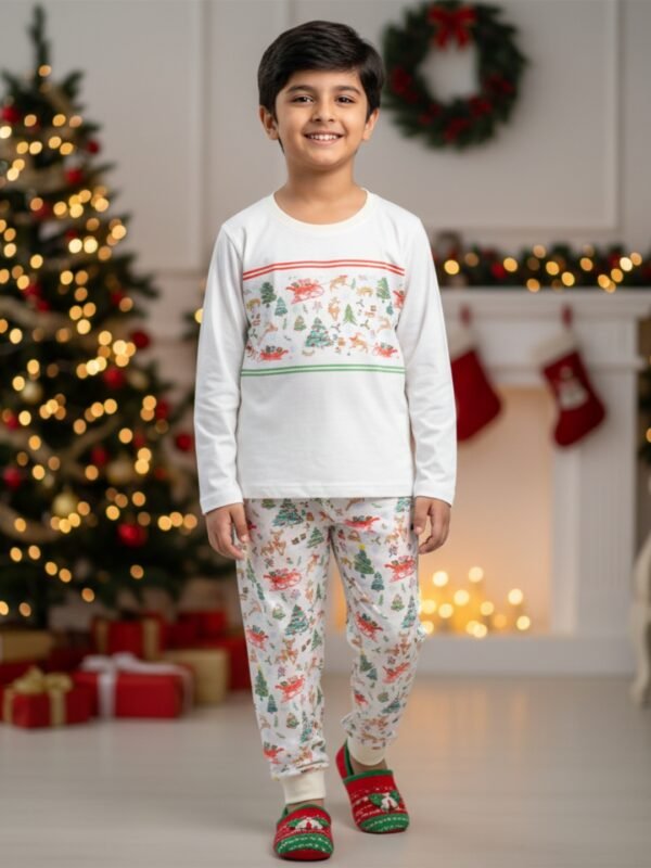 1 Pranava 100% Organic Cotton Unisex Christmas Printed Full Sleeve T-Shirt & Pant Set – White - Image 1
