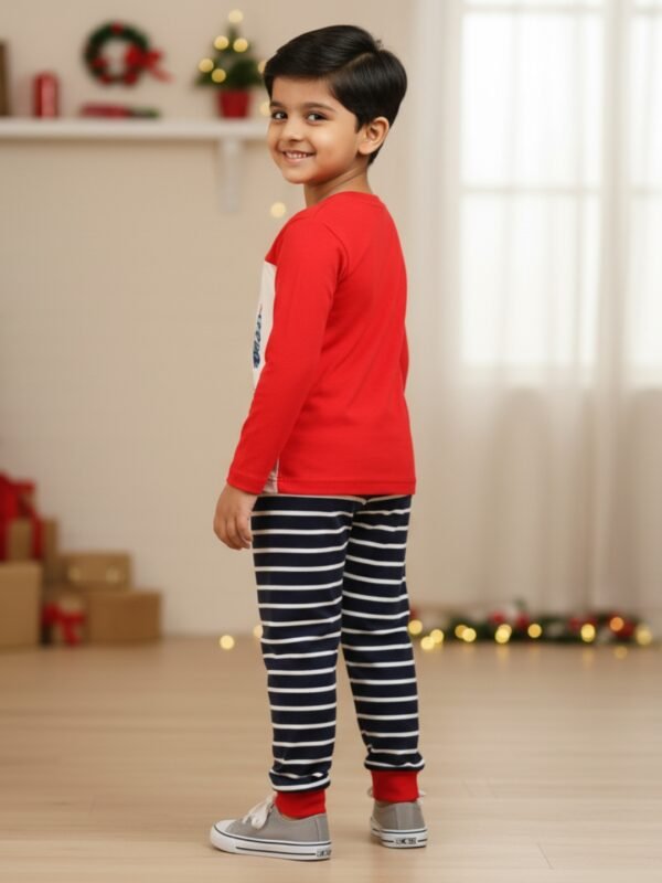 Pranava 100% Organic Cotton Unisex Full Sleeve Xmas Printed T-shirt and Stripe Pant Set - Red & Navy - Image 2