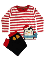 Pranava 100% Organic Unisex Red LS tee & Navy pant with Festive Penguin Graphics - Image 2