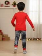 Pranava 100% Organic Cotton Unisex Full Sleeve Xmas Printed T-shirt and Stripe Pant Set - Red & Navy - Image 3