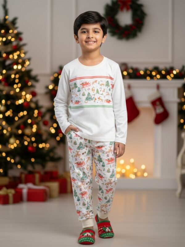 Pranava 100% Organic Cotton Unisex Christmas Printed Full Sleeve T-Shirt & Pant Set – White - Image 3