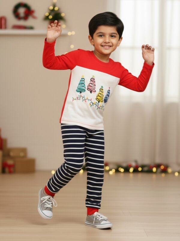 Pranava 100% Organic Cotton Unisex Full Sleeve Xmas Printed T-shirt and Stripe Pant Set - Red & Navy - Image 4