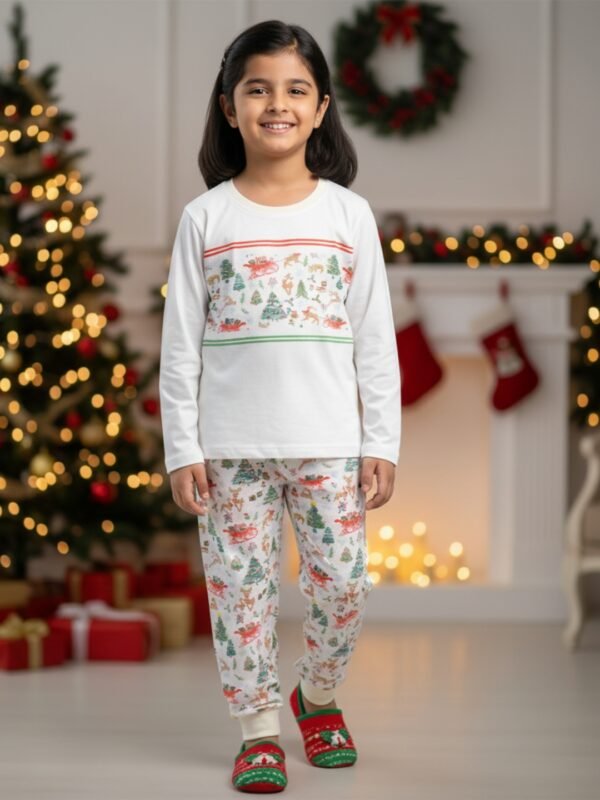 Pranava 100% Organic Cotton Unisex Christmas Printed Full Sleeve T-Shirt & Pant Set – White - Image 5