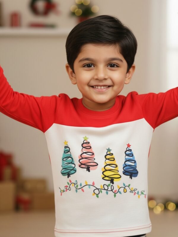 Pranava 100% Organic Cotton Unisex Full Sleeve Xmas Printed T-shirt and Stripe Pant Set - Red & Navy - Image 5