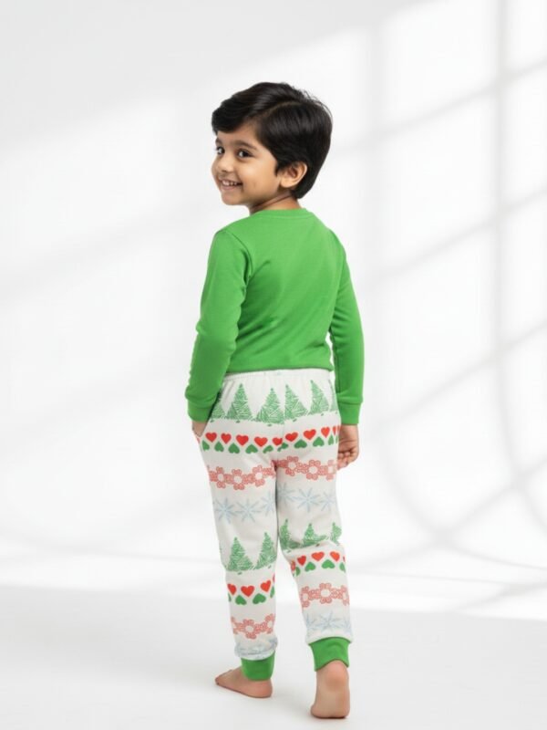 Pranava 100% Organic Cotton Full Sleeve Xmas Printed T-shirt and Pant Set - White & Green - Image 3