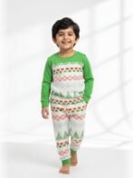 Pranava 100% Organic Cotton Full Sleeve Xmas Printed T-shirt and Pant Set - White & Green