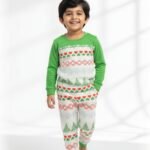 Pranava 100% Organic Cotton Full Sleeve Xmas Printed T-shirt and Pant Set - White & Green