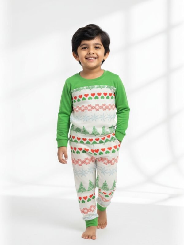 Pranava 100% Organic Cotton Full Sleeve Xmas Printed T-shirt and Pant Set - White & Green - Image 1