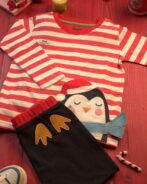 Pranava 100% Organic Unisex Red LS tee & Navy pant with Festive Penguin Graphics