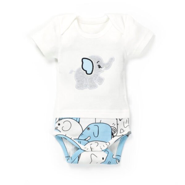 Boys Graphic Printed 100%Organic Cotton Half Sleeves Bodysuit with Elephant print-White - Image 1