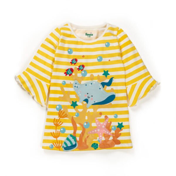 Girls Striped Embroidered 100%Organic Cotton  A-Line dress - Yellow and White - Image 2