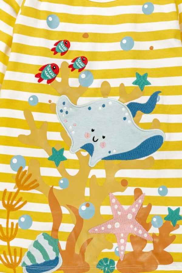 Girls Striped Embroidered 100%Organic Cotton  A-Line dress - Yellow and White - Image 4