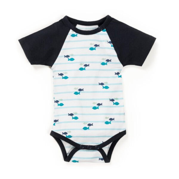 Unisex Stripes and Printed 100% Organic Cotton Bodysuit - Blue and White - Image 2