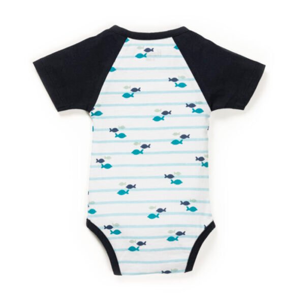 Unisex Stripes and Printed 100% Organic Cotton Bodysuit - Blue and White - Image 3