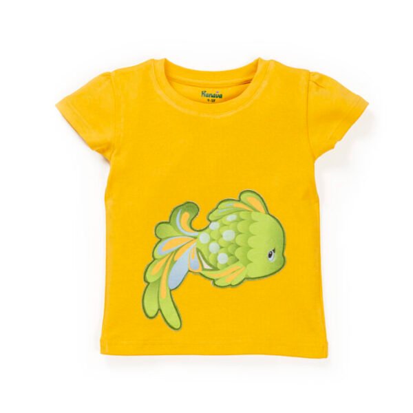 Kids Girls Graphic Printed 100%Organic Cotton Top - Mustard Yellow and Green - Image 2