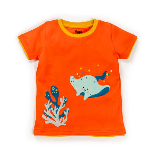 Kids Boys Graphic Printed 100%Organic Cotton Top and Shorts - Red and Denim - Image 2