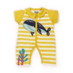 Unisex Baby Stripes and Embroidered Printed 100% Organic Cotton Romper - Yellow and White Stripes - Image 3