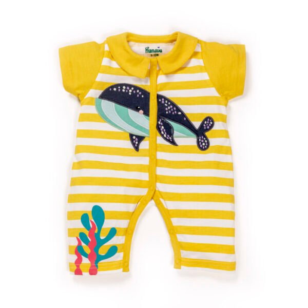 Unisex Baby Stripes and Embroidered Printed 100% Organic Cotton Romper - Yellow and White Stripes - Image 3