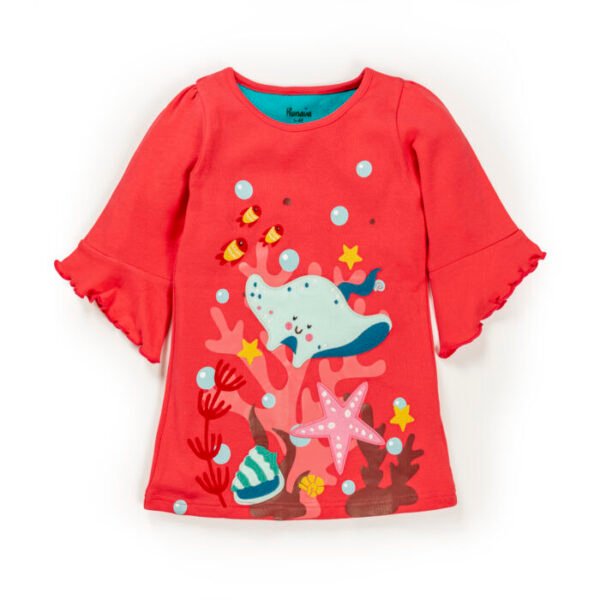 Kids Girls Embroidered Printed 100%Organic Cotton  A-Line dress - Pink - Image 2