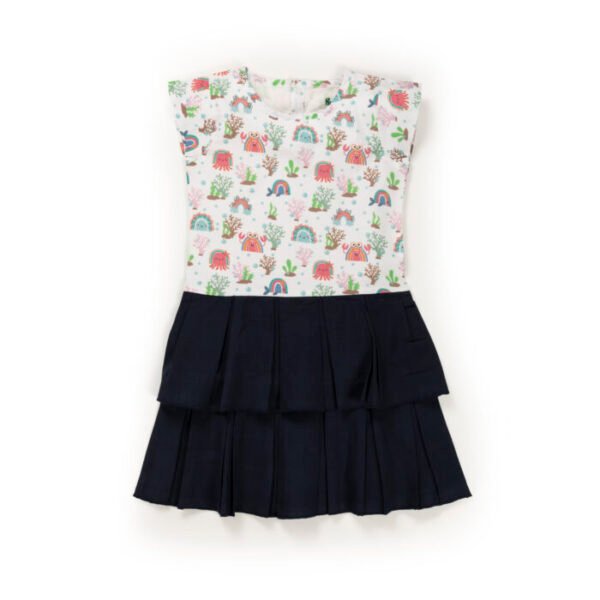 Kids Girls Printed 100%Organic Cotton Dress - White and Blue - Image 2