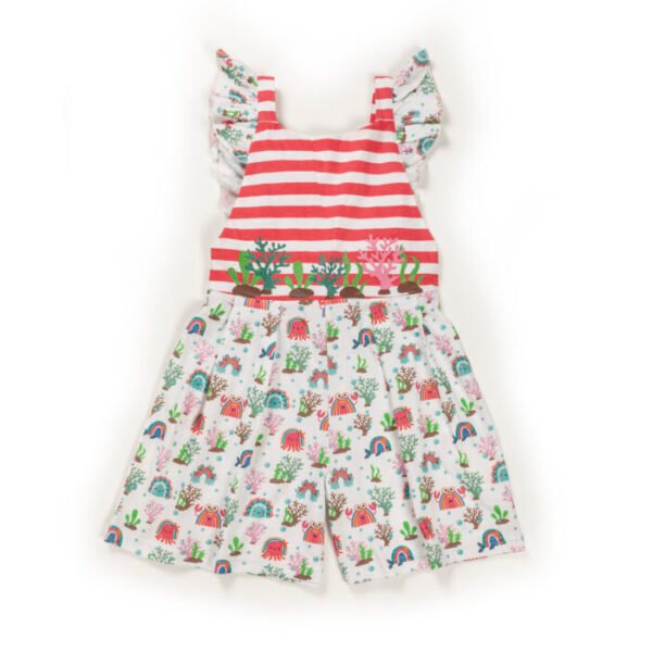 Kids Girls Stripes and Printed 100%Organic Cotton Dungaree - White and Pink - Image 2