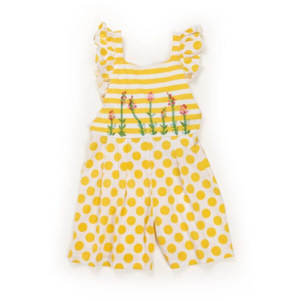 Kids Girls Stripes and Embroidered 100%Organic Cotton Dungaree/Romper - Yellow and White - Image 2