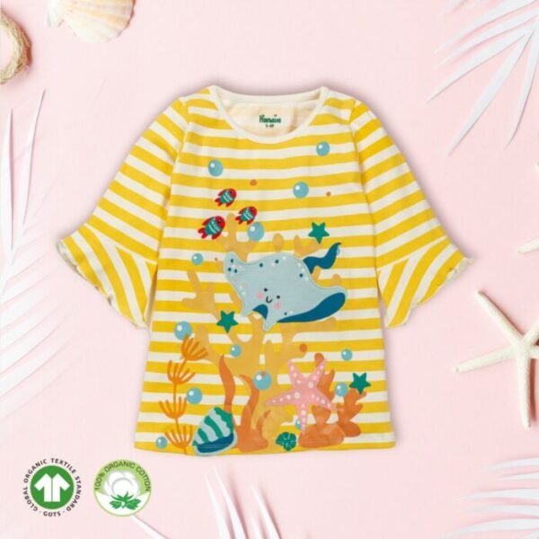 Girls Striped Embroidered 100%Organic Cotton  A-Line dress - Yellow and White - Image 1