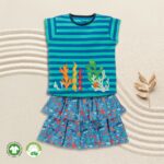 Kids Girls Stripes and Printed 100%Organic Cotton Top and Skirt Set - Navy Blue and Liberty Blue