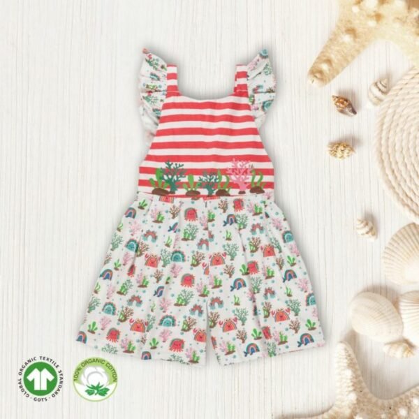 Pink and White Sleeveless Dungaree with Sea life Prints