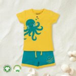 Baby Boys Printed 100%Organic Cotton Tee with Shorts Set - Yellow and Blue