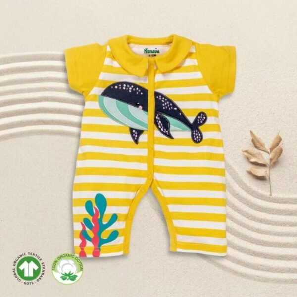 Unisex Baby Stripes and Embroidered Printed 100% Organic Cotton Romper - Yellow and White Stripes - Image 1