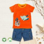 Kids Boys Graphic Printed 100%Organic Cotton Top and Shorts - Red and Denim