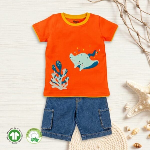 cute printed boys t-shirt with denim shorts combo perfect for outdoors and summers