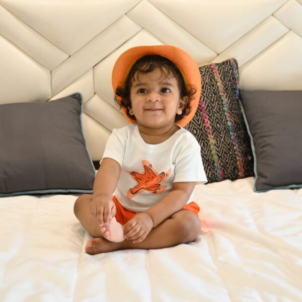 Baby Boys Graphic Printed 100% Organic Cotton Tee with Shorts- White and Orange - Image 1