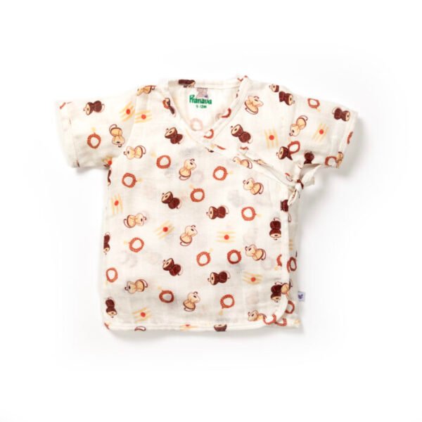Unisex Baby Damru Printed 100% Organic Cotton Jhabla and Langot Set - White and Brown - Image 2
