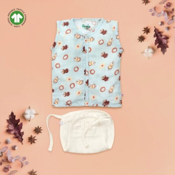 Unisex Baby Damru Printed 100% Organic Cotton Jhabla and Langot Set - Sky Blue and White - Image 1