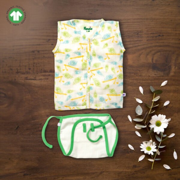 Unisex Baby Feather and Flute Printed 100% Organic Cotton Jhabla and Langot Set - White - Image 1