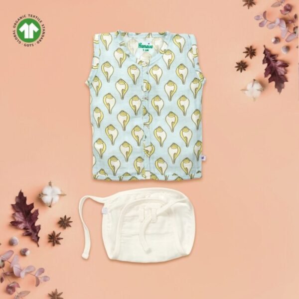 14 Unisex Baby Shankh Printed 100% Organic Cotton Jhabla and Langot Set - White and Sky Blue - Image 1