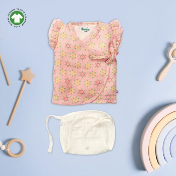 Baby Girls Tri Colour Geometric Printed 100% Organic Cotton Jhabla and Langot Set - Pink and White - Image 1