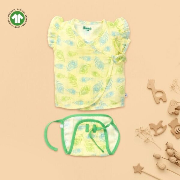 19 Baby Girls Peacock Feather Printed 100% Organic Cotton Jhabla and Langot Set - Light Yellow - Image 1