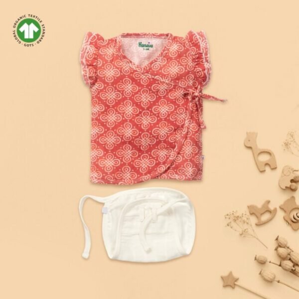 21 Baby Girls Batik Printed 100% Organic Cotton Jhabla and Langot Set - Maroon and White - Image 1