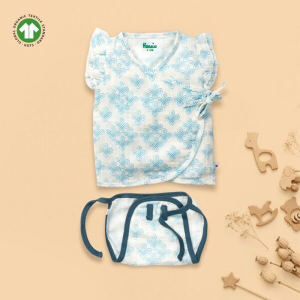 Baby Girls Kolam Printed 100% Organic Cotton Jhabla and Langot Set - White - Image 1